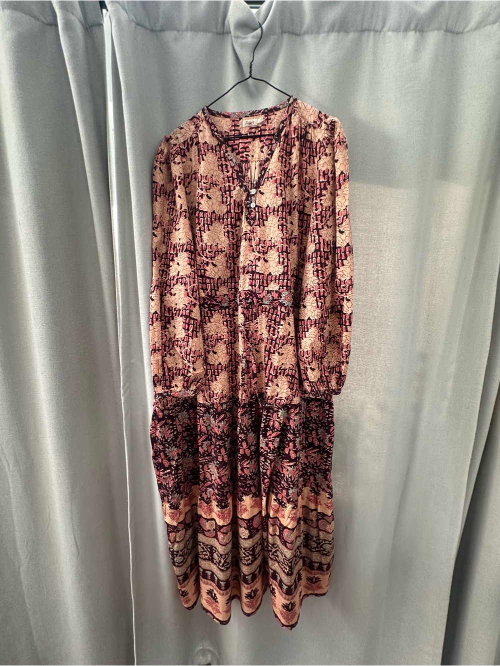 Faherty Pink and Black Patterned Tiered Long-Sleeve Midi Dress